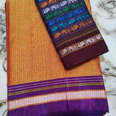Mustard Khun saree with maroon elephant & peacock motif blouse pc