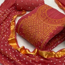 Bandhani dress material in tomato red colour