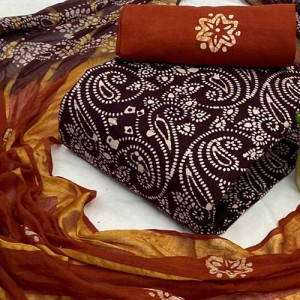 Batik dress material in coffee brown & reddish maroon