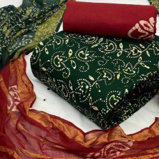 Batik dress material in bottle green & red