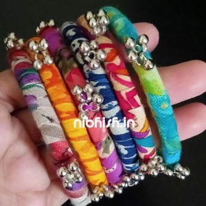 Fabric bangles with ghungroos in Multi-coloured prints