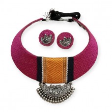 Khan fabric choker in Rani pink with black border