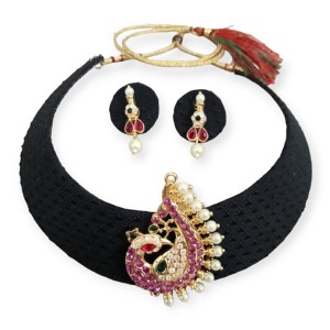 Khan fabric choker in black with heavy peacock Pendant with stones and pearls