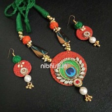 khun necklace set in orange khan fabric with Morpankh motif