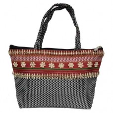 Grey khun fabric Handbag with reddish maroon border